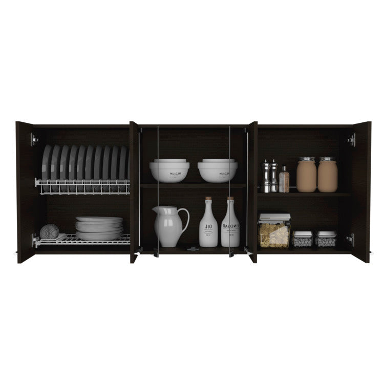Wall Cabinet 24" H, Four Doors, With Two Internal Shelves And Internal Plate And Glass Organizer, Two Storage Shelves With Two Glass Doors, Black