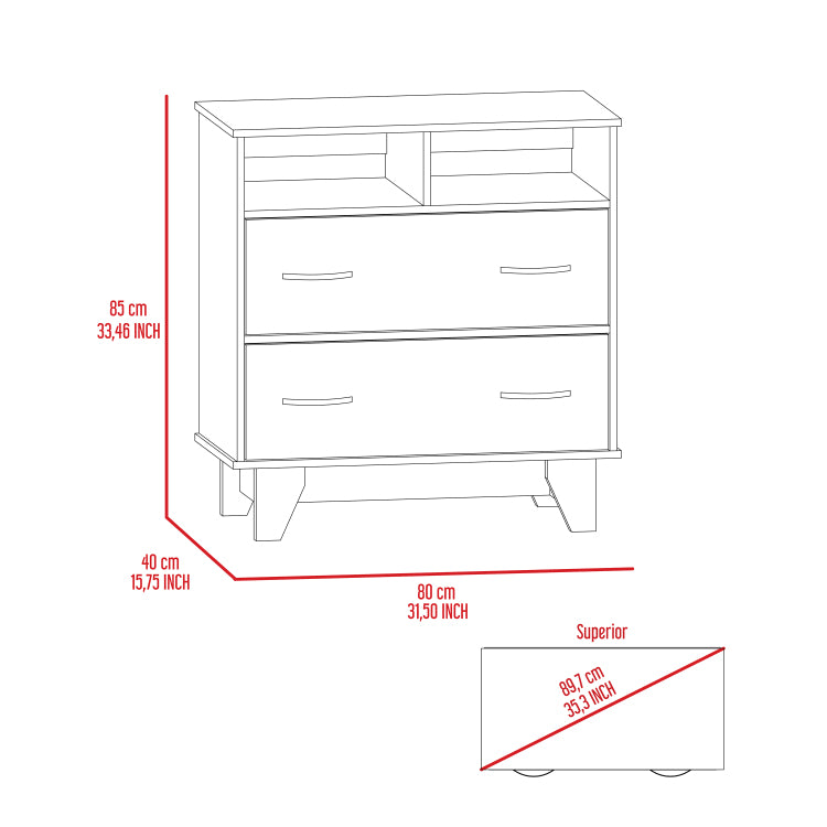 Portanova Two Drawer Dresser, Two Open Shelves, Superior Top, Four Legs Black