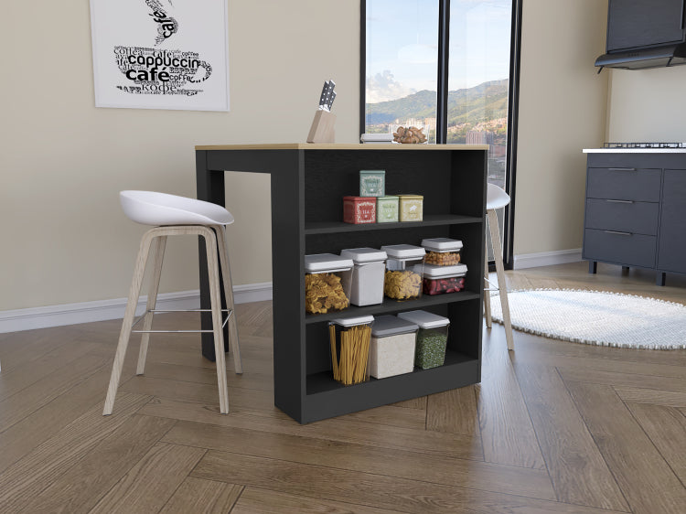 Tanna Kitchen Counter Dining Table ,Two Legs, Three Side Shelves Black Pine