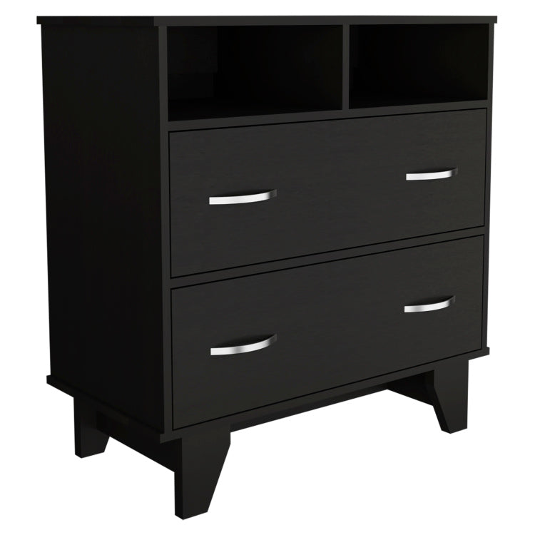 Portanova Two Drawer Dresser, Two Open Shelves, Superior Top, Four Legs Black