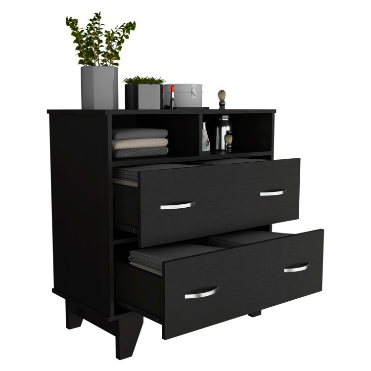 Portanova Two Drawer Dresser, Two Open Shelves, Superior Top, Four Legs Black