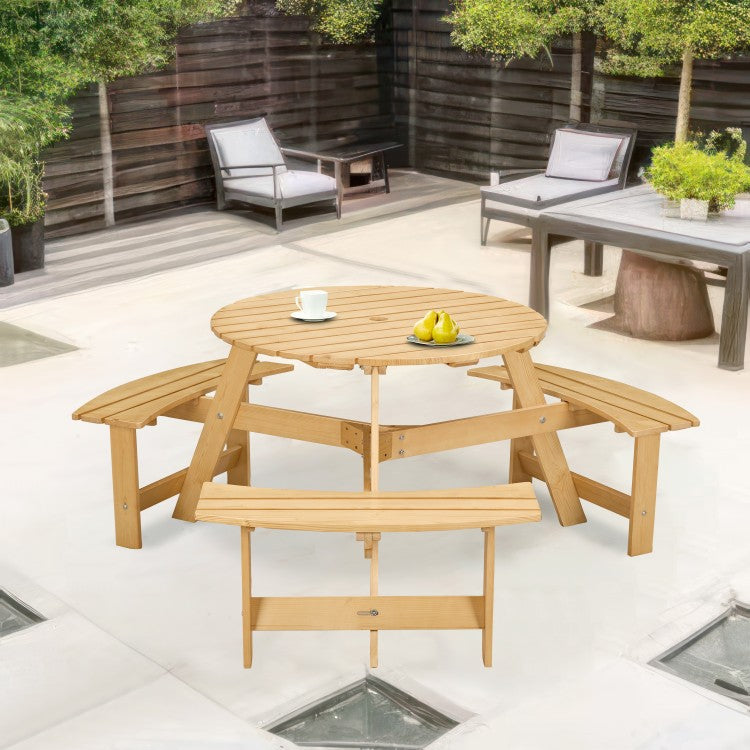 Outdoor 6 Person Picnic Table, 6 Person Round Picnic Table With 3 Built In Benches, Umbrella Hole, Outside Table And Bench Set For Garden, Backyard, Porch, Patio, Natural