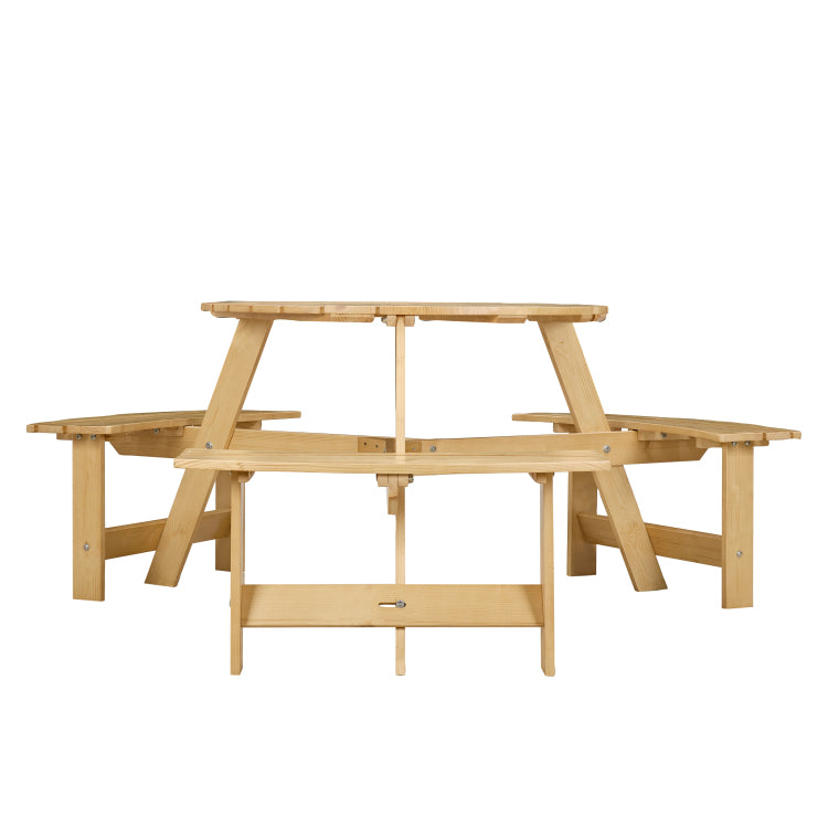 Outdoor 6 Person Picnic Table, 6 Person Round Picnic Table With 3 Built In Benches, Umbrella Hole, Outside Table And Bench Set For Garden, Backyard, Porch, Patio, Natural