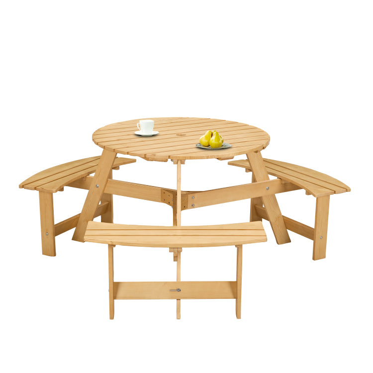 Outdoor 6 Person Picnic Table, 6 Person Round Picnic Table With 3 Built In Benches, Umbrella Hole, Outside Table And Bench Set For Garden, Backyard, Porch, Patio, Natural