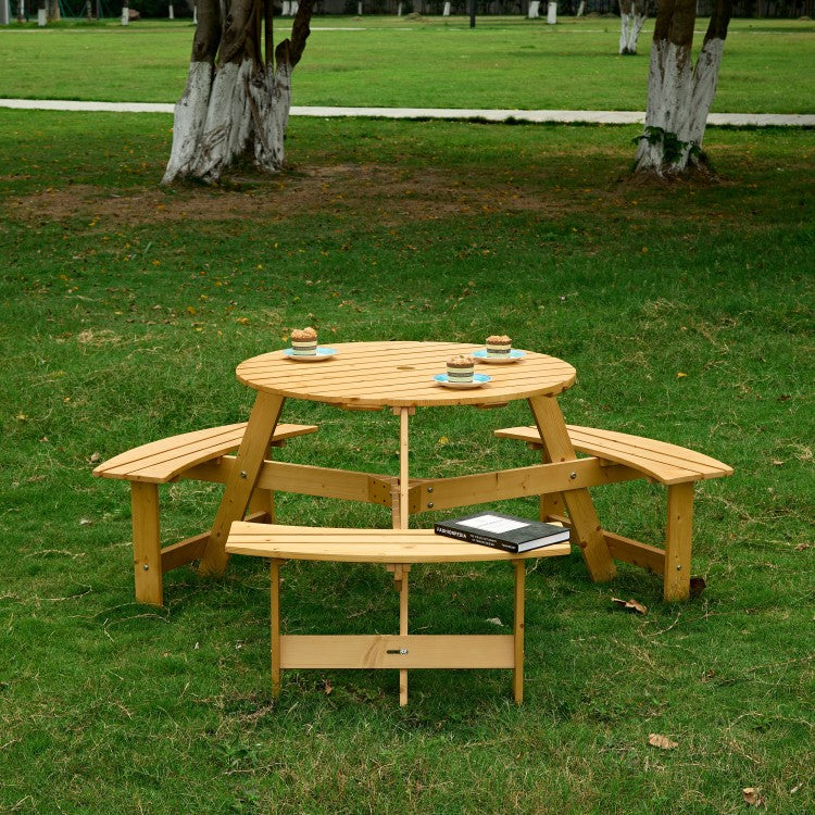 Outdoor 6 Person Picnic Table, 6 Person Round Picnic Table With 3 Built In Benches, Umbrella Hole, Outside Table And Bench Set For Garden, Backyard, Porch, Patio, Natural