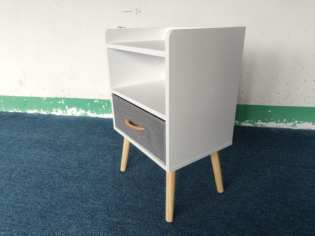 Nightstand With Collapsible Fabric Drawer, 2 Tier Storage End Table, Wood Side Table With Storage Cabinet For Kids, Adults White
