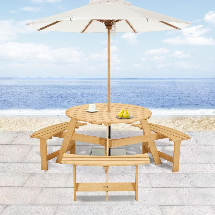 Outdoor 6 Person Picnic Table, 6 Person Round Picnic Table With 3 Built In Benches, Umbrella Hole, Outside Table And Bench Set For Garden, Backyard, Porch, Patio, Natural
