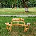 Outdoor 6 Person Picnic Table, 6 Person Round Picnic Table With 3 Built In Benches, Umbrella Hole, Outside Table And Bench Set For Garden, Backyard, Porch, Patio, Natural