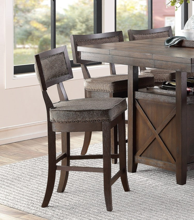 Rustic Aesthetic Dark Cherry Finish Counter Height Chair Set Of 2 Wood Framed Nailhead Trim Fabric Upholstered Seat Kitchen Dining Room Furniture