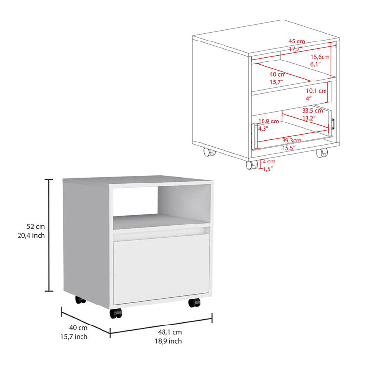 Austin Nightstand , End Table, Side Table Casters, Single Drawer White