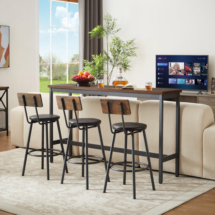 Long Bar Table Set With 3 Pu Upholstered Bar Stools, Industrial Bar Table And Chairs For Kitchen Breakfast Table, Living Room, Banquet Hall, Rustic Brown And Black, 63 L X15.7"W X 37.5"H