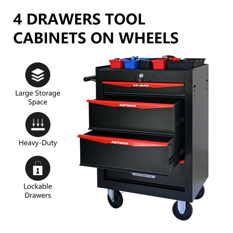 Rolling Metal Tool Chest With 4 Drawers, 20" 4 Drawer Tool Chest Cabinet With Ball Bearing Drawer Slides, Steel Tool Storage Box Organizer Black&Red