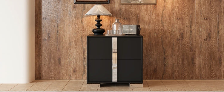Elegant Nightstand With Metal Foot, Mirrored Bedside Table With 2 Drawers For Bedroom, Living Room, Black