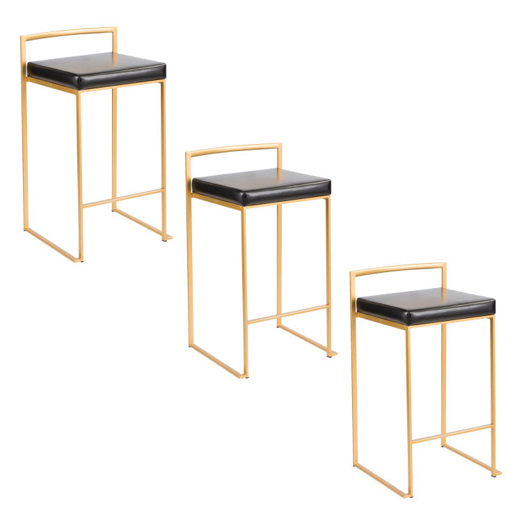 26" Contemporary Counter Stool In Gold Metal With Black Faux Leather Set Of 3