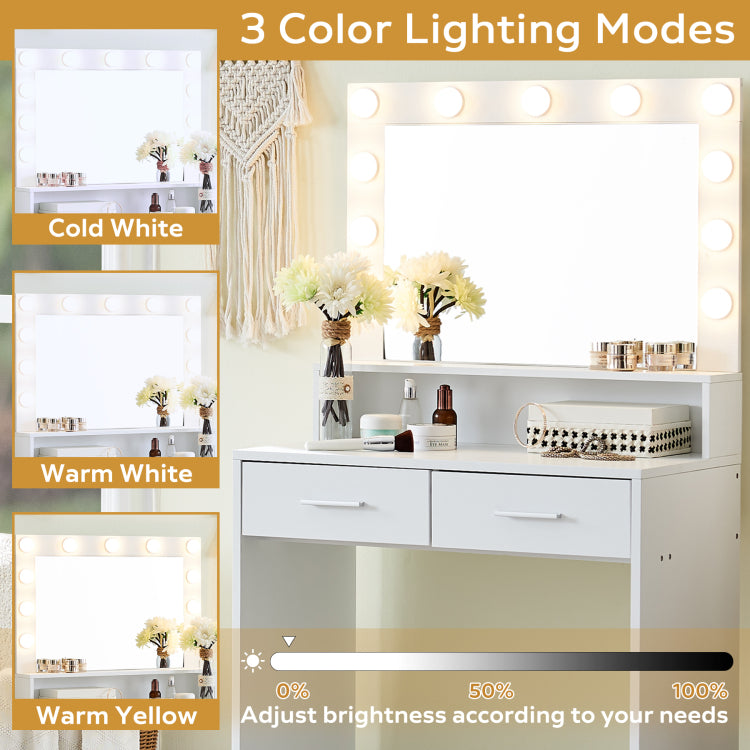 Vanity Desk With Mirror And Lights, Dressing Table With Large Drawer, 2 Level Storage Dresser & 3 Lighting Modes Adjustable Brightness, Suitable For Bedroom White