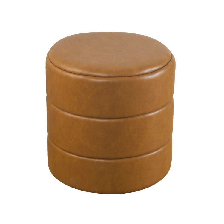 Sem Round Accent Ottoman, Brown Channel Tufted Faux Leather 18 Inch