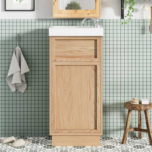 15.75" Bathroom Vanity With Reversible Resin Sink, Mdf Cabinet With Adjustable Shelf And Push To Open Door, Wood Grain Melamine Finish, Reversible Door, Rustic Style For Small Spaces