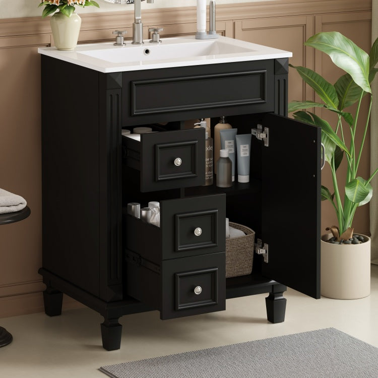 24" Bathroom Vanity With Ceramic Sink, Small Bathroom Sink Cabinet, Modern Cabinet With 2 Drawers And Adjustable Shelf