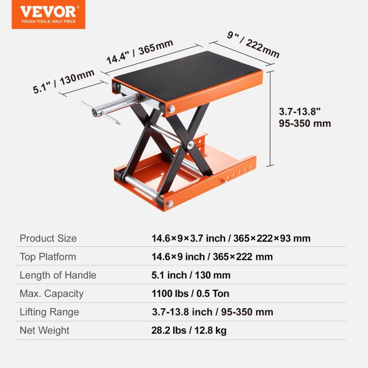 Motorcycle Lift, 1100 Lbs Motorcycle Scissor Lift Jack With Wide Deck & Safety Pin, 3.7" 13.8" Center Hoist Crank Stand, Steel Scissor Jack For Street Bikes, Cruiser Bikes, Touring Motorcycles