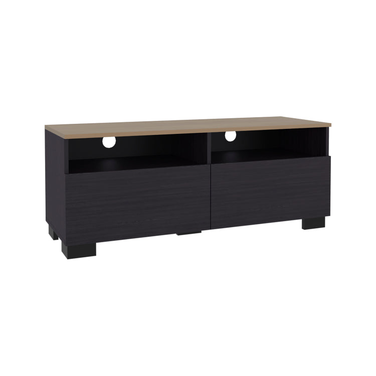 Colman Modern Tv Stand With Open Shelves And Compact Profile, Minimalist Media Console For Living Room Or Bedroom, Black Natural Oak