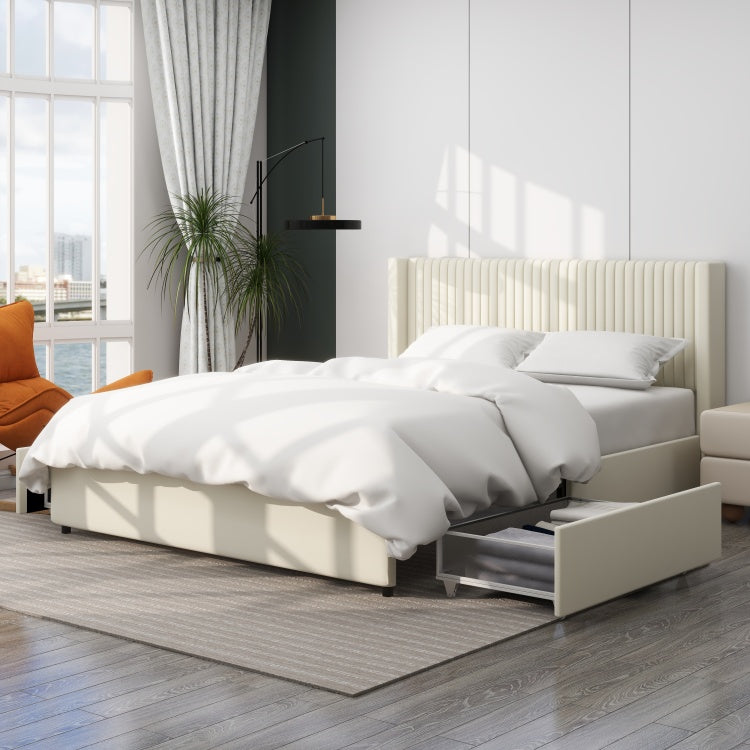Anna Patented 2 Drawer Storage Bed Queen Size Ivory Velvet Upholstered Wingback Platform Bed, Modern Design Headboard With Tight Channel, Wooden Slat Mattress Support No Box Spring Needed