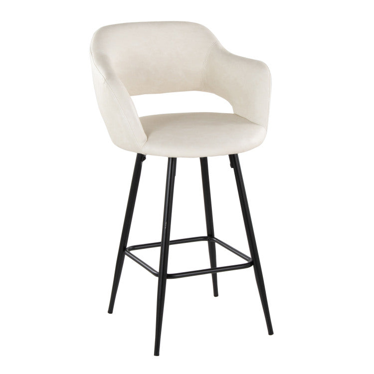 26" Contemporary Fixed Height Counter Stool In Black Metal And Cream Faux Leather With Square Black Metal Footrest Set Of 2