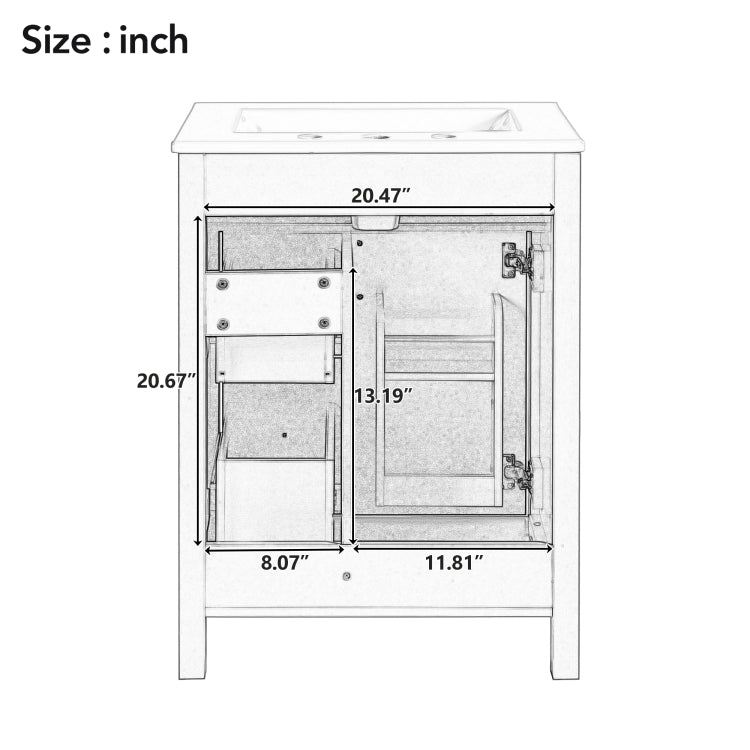 24 Inch Bathroom Vanity With Ceramic Sink, 1 Soft Close Door, 2 Soft Close Drawers, And Double Storage Racks On The Door
