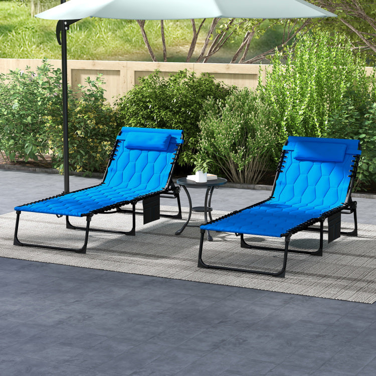 Outsunny Folding Chaise Lounge Set With 5 Level Reclining Back, Outdoor Lounge Tanning Chair With Padded Seat, Side Pocket & Headrest For Beach, Yard, Patio, Blue