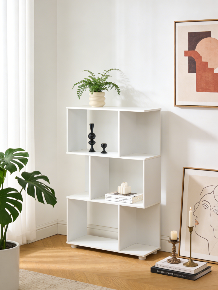 Modern Staggered 3 Shelf Manor Bookcase, White