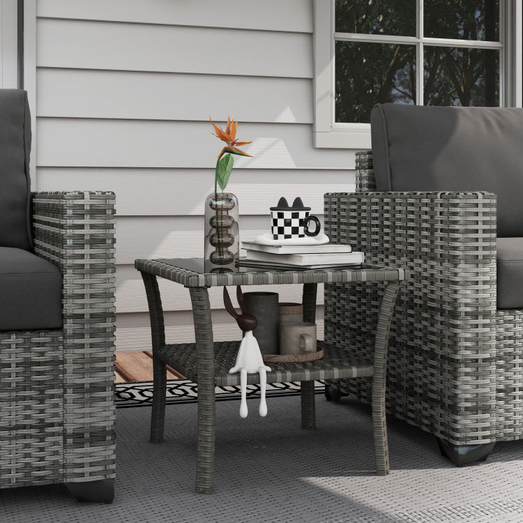 Outsunny Rattan Side Table, Outdoor End Table With Storage Shelf, Aluminum Frame Square, Coffee Table With Tempered Glass Top, Mixed Gray