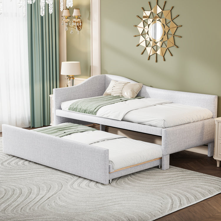 Twin Size Upholstered L Shaped Upholstered Daybed With Pop Up Trundle, Beige