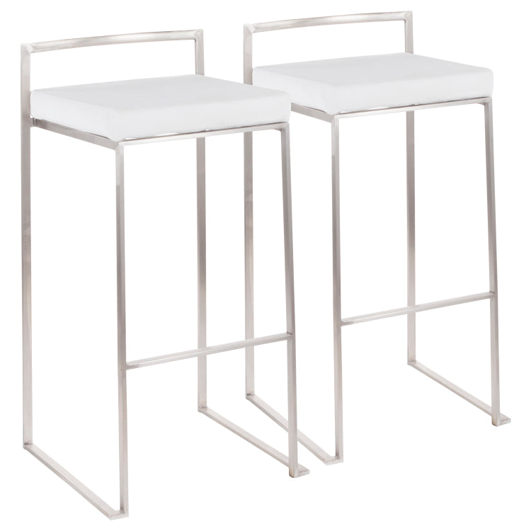 Contemporary Stackable Barstool In Stainless Steel With White Velvet Cushion Set Of 2