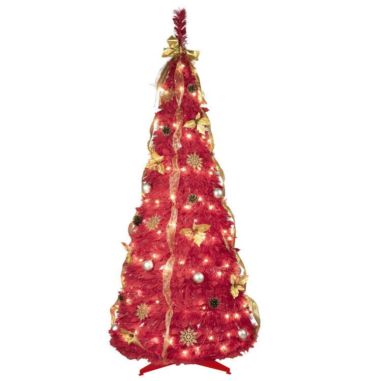 6Ft Red Pop Up Christmas Tree With 150 Warm White Led Lights, Ornaments Included 4 Ribbons, Bow, Flowers, Snowflakes, Pine Cones & Balls Easy Assembly & Space Saving Holiday D Cor