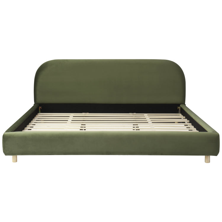 King Size Platform Bed With Velvet Fabric, Upholstered Platform Bed With Curve Shaped Design Headboard, Olive Green