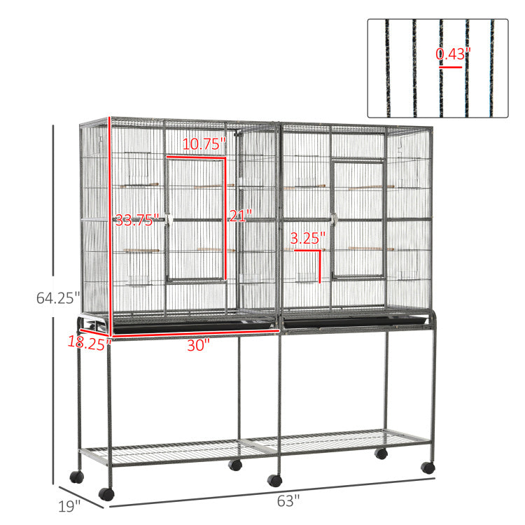 Pawhut 65" Double Rolling Metal Bird Cage Feeder With Detachable Rolling Stand, Storage Shelf, Wood Perch & Food Container