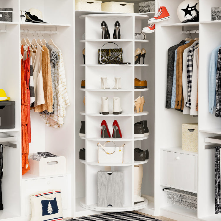 Rotating Shoe Rack Tower, 7 Tier Spinning Shoe Rack, Free Standing 360 Revolving Shoe Organizer, High Bottom Design Shoe Tower Spinning Storage Lazy Susany, Fits 28 Pairs Of Shoes 7 Tier White