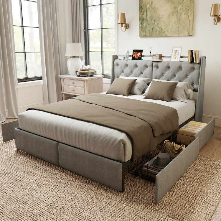 King Metal Platform Bed Frame Grey, Storage Headboard With Rgb Led & Charging Station