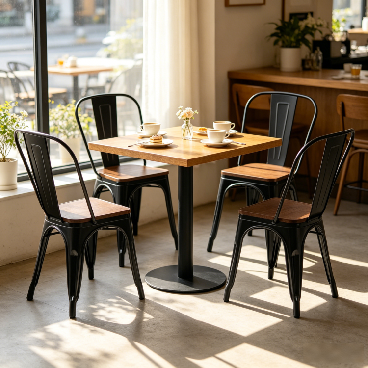 Set Of 2 High Gloss Black With Walnut Wooden Seat Industrial Metal Dining Chairs 18 Inch Seat Height Stackable, Indoor Outdoor, Lightweight Easy Clean Surface, Easy Assembly, Durable Modern Design