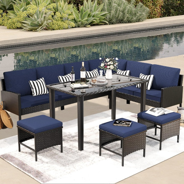 Small Space Patio Furniture 7 Piece Outdoor Furniture Set, Backyard Furniture Set, Waterproof Seat Cushion, Glass Table, Space Saving, Suitable For Backyard, Terrace Or Garden,Dark Blue