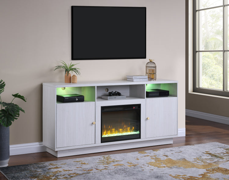 Ambrose 70"W White Walnut Finish Fireplace Console Tv Stand With Heater, Led Light, Cabinets, Shelves