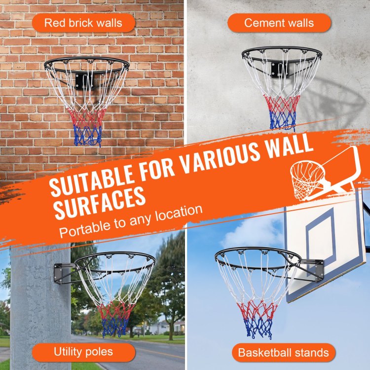 Basketball Rim, Wall Door Mounted Basketball Hoop, Heavy Duty Q235 Basketball Flex Rim Goal Replacement With Net And Double Spring, Standard 18" Indoor Outdoor Hanging Hoop For Kids Adults
