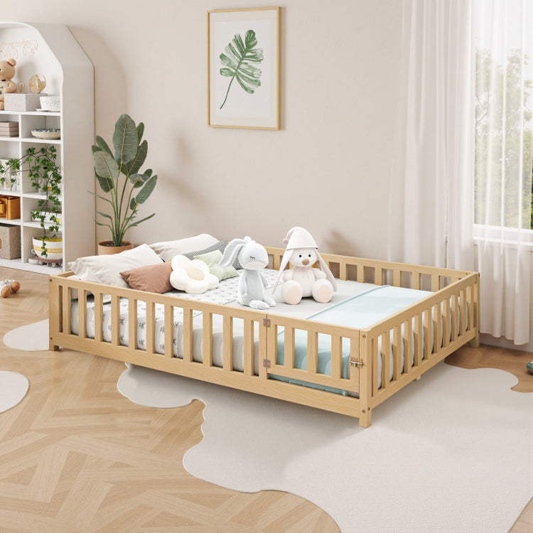 Full Size Floor Platform Bed With Fence And Door For Kids, Montessori Floor Bed Frame With Support Slats For Toddlers, Wooden Floor Bed Natural