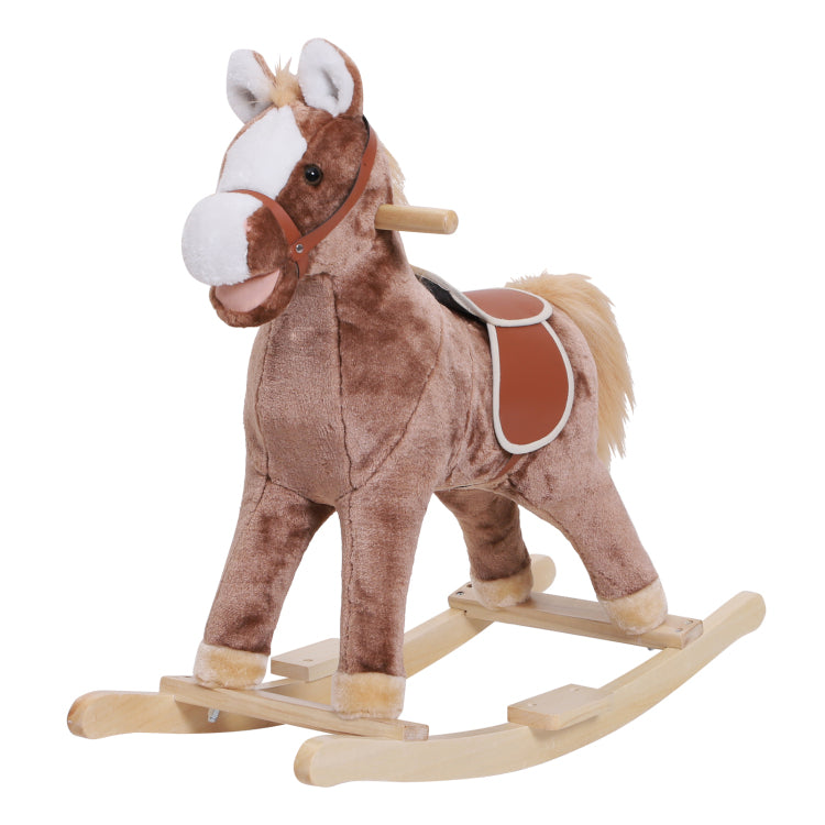 Qaba Kids Rocking Horse, Plush Toddler Rocker, Wooden Base Ride On Toy With Handle Grip, Traditional Toy For Kids 36M , Brown