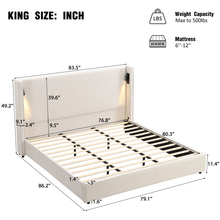 King Size Upholstered Bed Frame With High Wingback Headboard,Reading Lamp And Usb Port,Beige