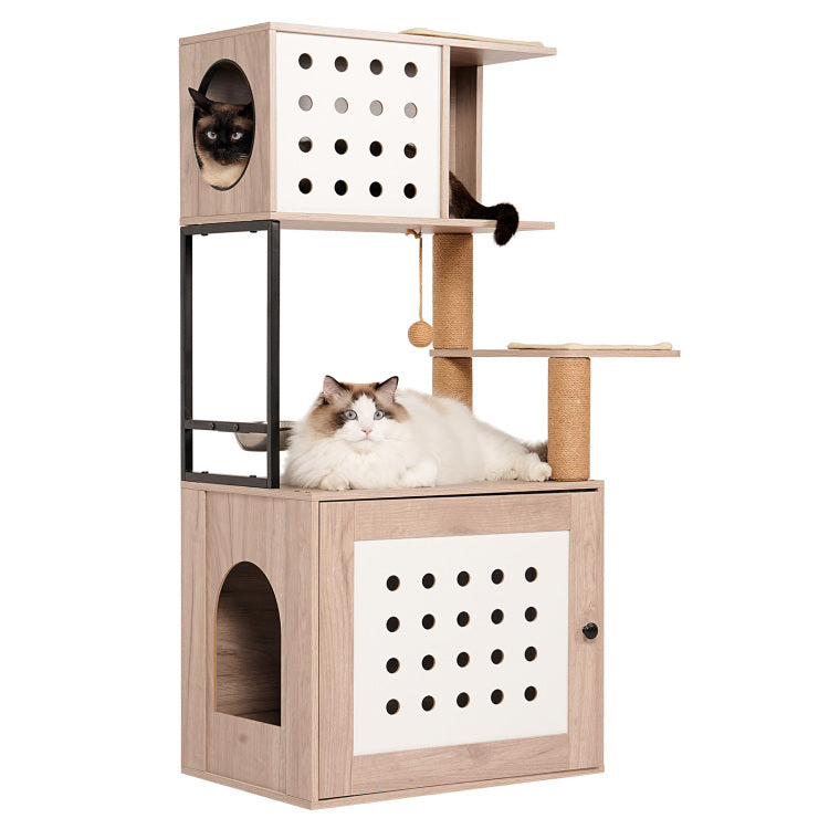 Cat Tree With Litter Box Enclosure, All In One Cat Tower For Indoor Cats With Large Hammock, Bed, Food Station, Scratching Posts, Modern Style Pet Furniture, Gray White