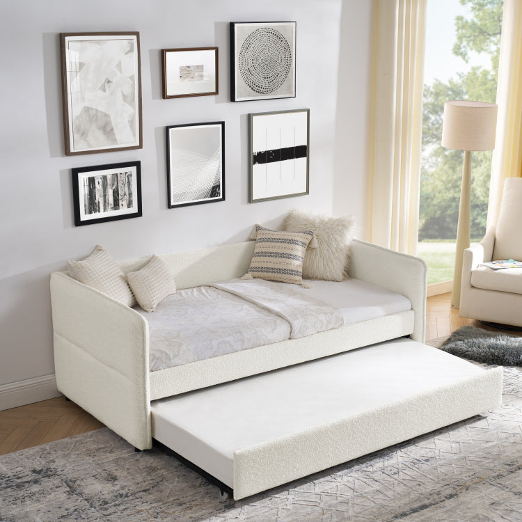 Daybed With Trundle Upholstered Tufted Sofa Bed, Twin Size, Boucle Fabric, Beige 83"X43"X29.5"