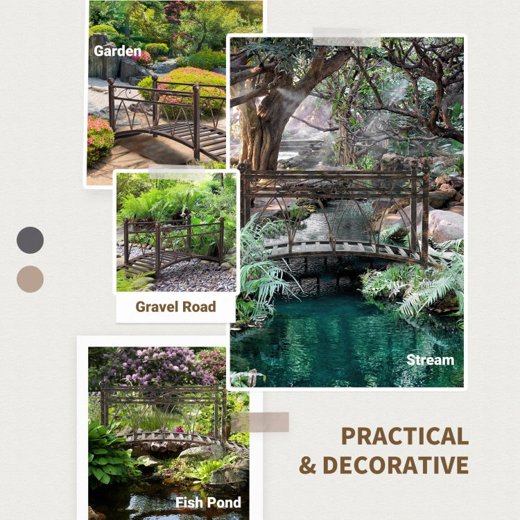 Outsunny 3.3' Metal Arch Zen Garden Bridge With Safety Siderails, Decorative Footbridge, Delicate Scrollwork & Corner Spheres For Stream, Fish Pond, Bronze