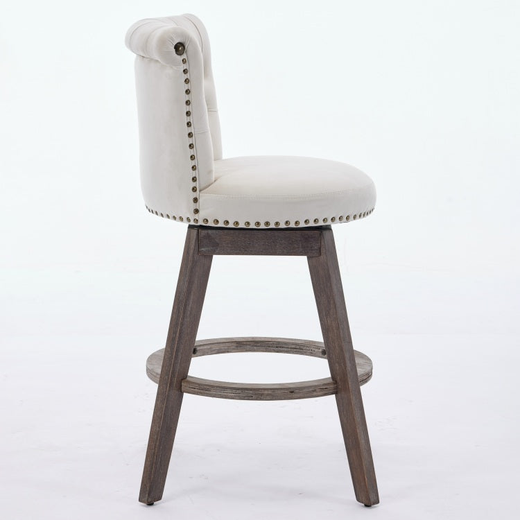 26" Counter Height Bar Stools Set Of 2, 360 Swivel Stools With Back & Hand Tufted Button Trimmed Edges, Upholstered Velvet Kitchen Counter Stools On Wood Legs,Beige,Sw1868Bg