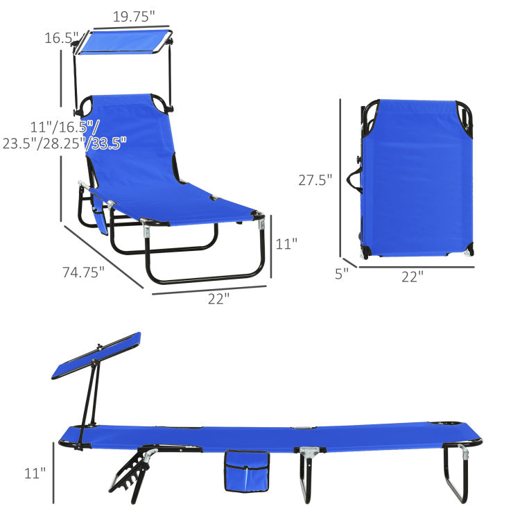 Outsunny Folding Chaise Lounge Pool Chairs, Outdoor Sun Tanning Chairs With Canopy Shade, Reclining Back, Steel Frame And Side Pocket For Beach, Yard, Patio, Blue