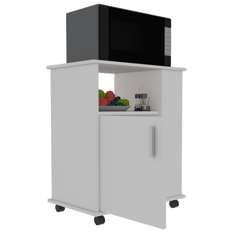 Lower Microwave Pantry 29" H, Single Door Cabinet, One Open Shelf, Three Side Shelves, White